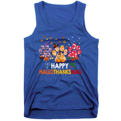 Happy Hallothanksmas Cat Dog Paw Print Halloween Christmas Cute Gift Tank Top