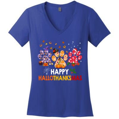 Happy Hallothanksmas Cat Dog Paw Print Halloween Christmas Cute Gift Women's V-Neck T-Shirt