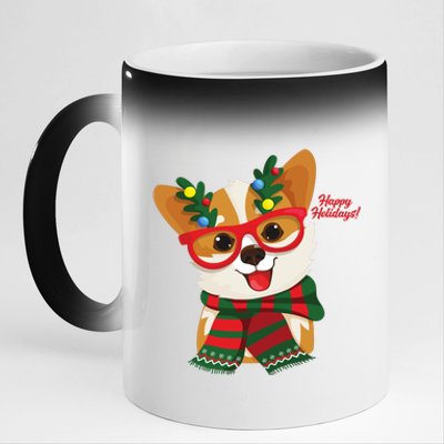 Happy Holidays Cute Corgi Dog Lover 11oz Black Color Changing Mug