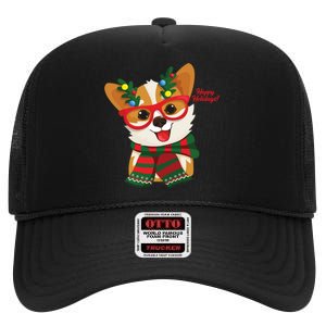 Happy Holidays Cute Corgi Dog Lover High Crown Mesh Back Trucker Hat