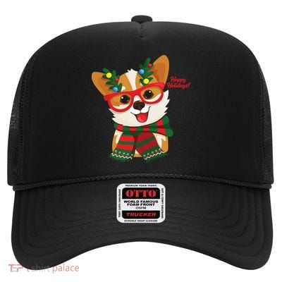 Happy Holidays Cute Corgi Dog Lover High Crown Mesh Back Trucker Hat