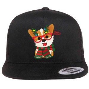 Happy Holidays Cute Corgi Dog Lover Flat Bill Trucker Hat