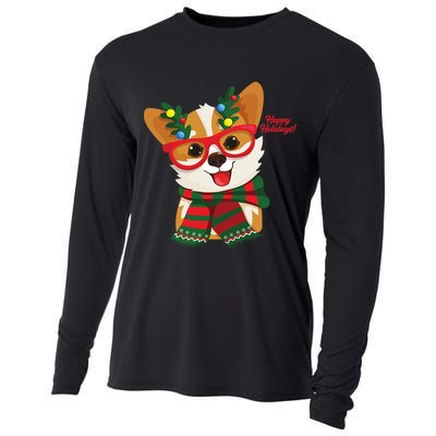 Happy Holidays Cute Corgi Dog Lover Cooling Performance Long Sleeve Crew