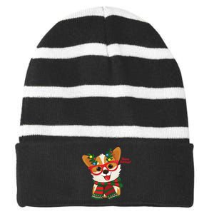 Happy Holidays Cute Corgi Dog Lover Striped Beanie with Solid Band