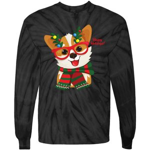 Happy Holidays Cute Corgi Dog Lover Tie-Dye Long Sleeve Shirt