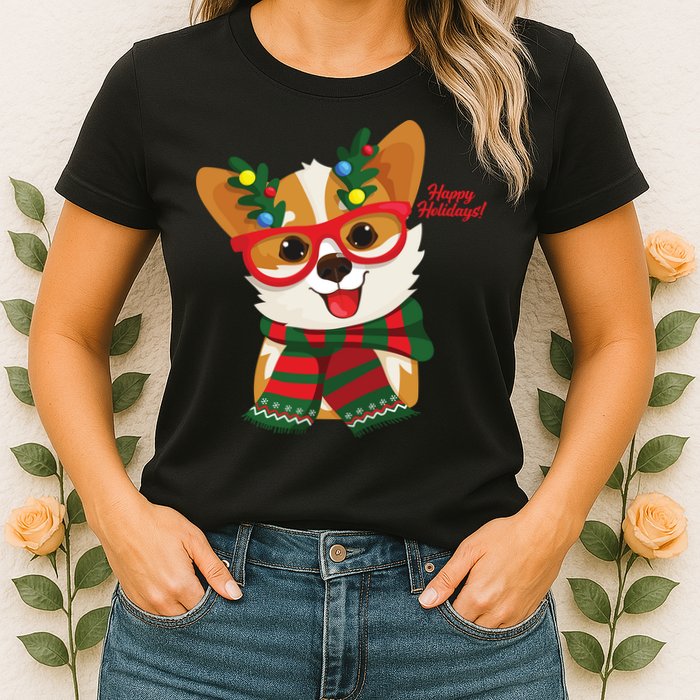 Happy Holidays Cute Corgi Dog Lover Womens T-Shirt