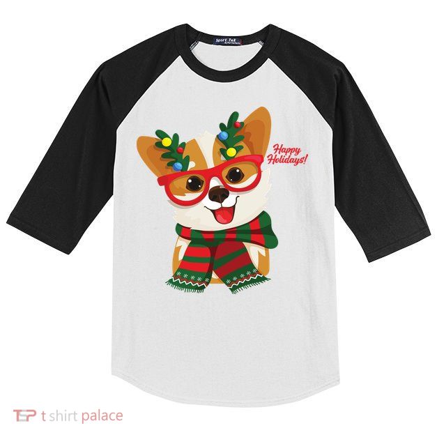 Happy Holidays Cute Corgi Dog Lover Kids Colorblock Raglan Jersey