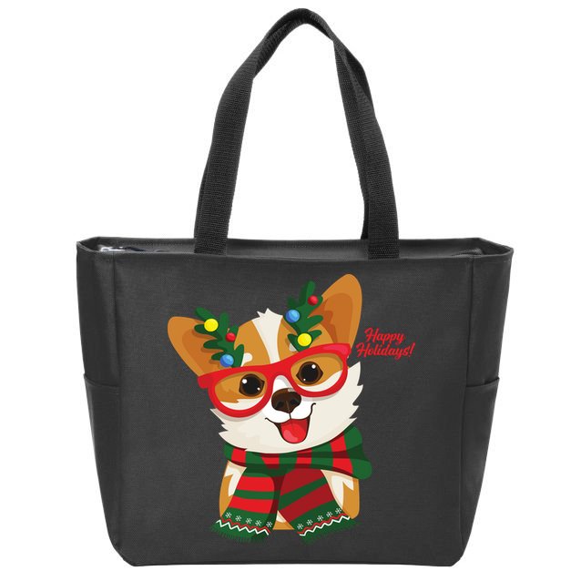 Happy Holidays Cute Corgi Dog Lover Zip Tote Bag