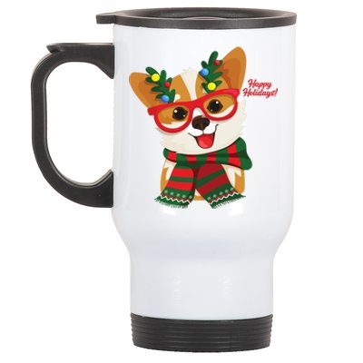 Happy Holidays Cute Corgi Dog Lover Stainless Steel Travel Mug