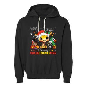 Happy Hallothanksmas Coffee Latte Halloween Thanksgiving Garment-Dyed Fleece Hoodie