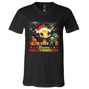 Happy Hallothanksmas Coffee Latte Halloween Thanksgiving V-Neck T-Shirt