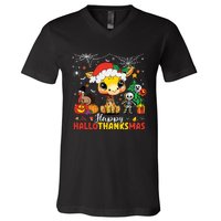 Happy Hallothanksmas Coffee Latte Halloween Thanksgiving V-Neck T-Shirt