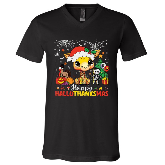 Happy Hallothanksmas Coffee Latte Halloween Thanksgiving V-Neck T-Shirt