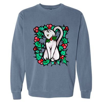 Holly Holiday Christmas White Cat Cute Gift Garment-Dyed Sweatshirt