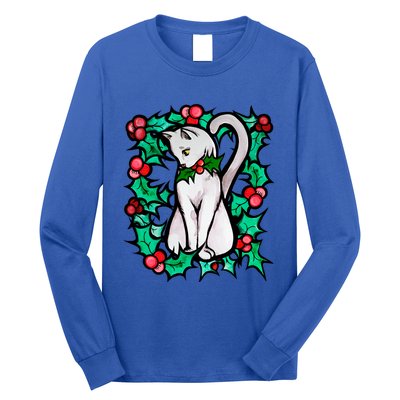 Holly Holiday Christmas White Cat Cute Gift Long Sleeve Shirt