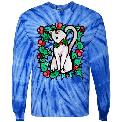 Holly Holiday Christmas White Cat Cute Gift Tie-Dye Long Sleeve Shirt