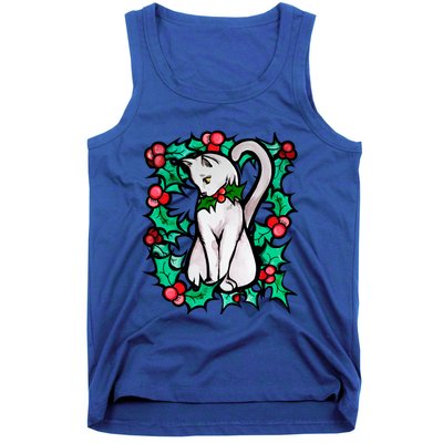 Holly Holiday Christmas White Cat Cute Gift Tank Top