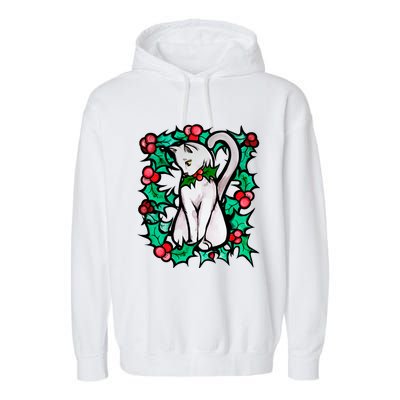 Holly Holiday Christmas White Cat Cute Gift Garment-Dyed Fleece Hoodie