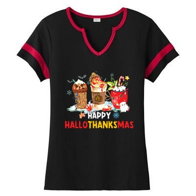 Happy Hallothanksmas Coffee Ladies Halftime Notch Neck Tee