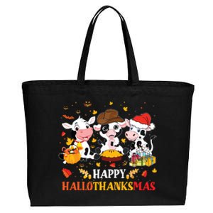 Happy Hallothanksmas Cow Lover Halloween Thanksgiving Cotton Canvas Jumbo Tote