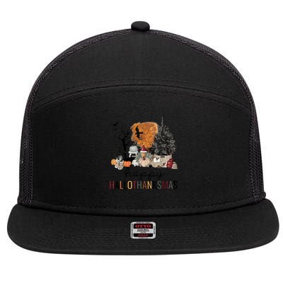 Happy Hallothanksmas Coffee Halloween Thanksgiving Christmas 7 Panel Mesh Trucker Snapback Hat