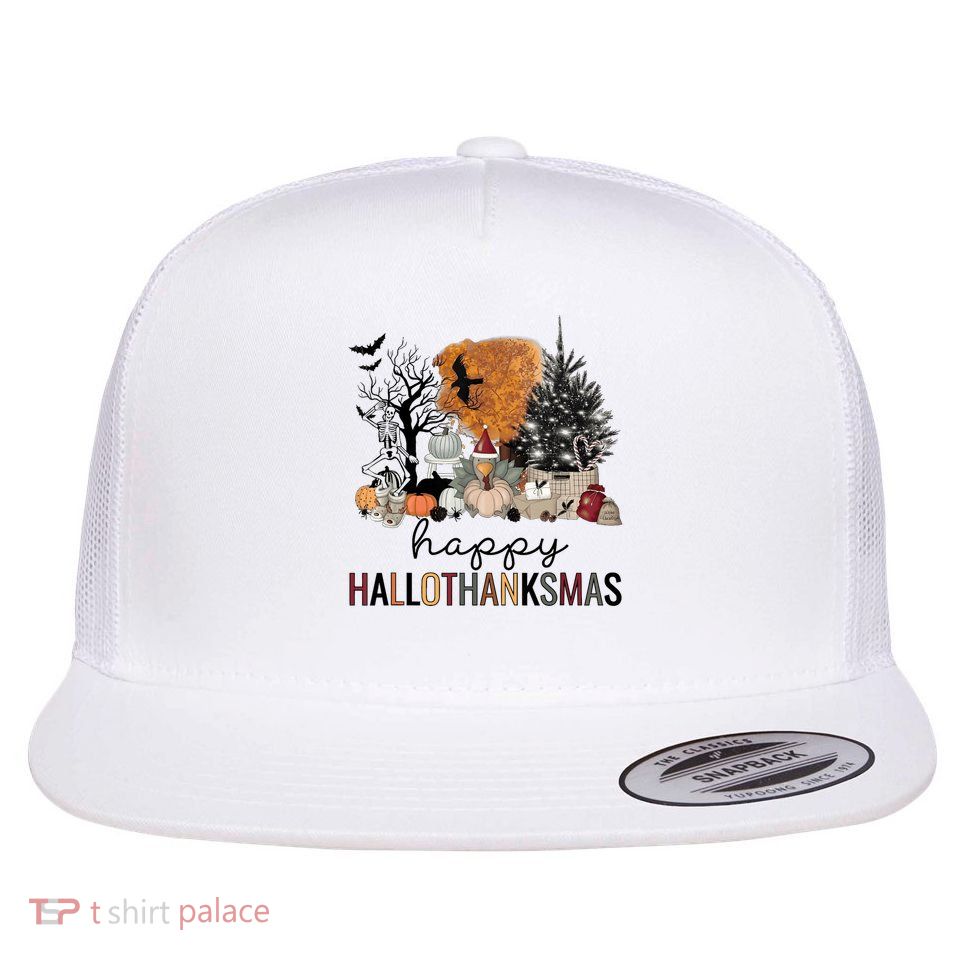 Happy Hallothanksmas Coffee Halloween Thanksgiving Christmas Flatbill Hat