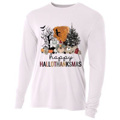 Happy Hallothanksmas Coffee Halloween Thanksgiving Christmas Cooling Performance Long Sleeve Crew