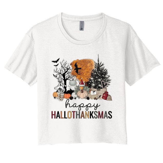 Happy Hallothanksmas Coffee Halloween Thanksgiving Christmas Crop Top