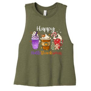 Happy Hallothanksmas Coffee Latte Halloween Thanksgiving Women's Racerback Cropped Tank