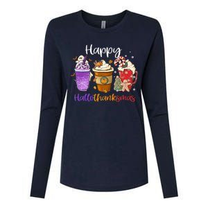 Happy Hallothanksmas Coffee Latte Halloween Thanksgiving Womens Cotton Relaxed Long Sleeve T-Shirt