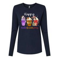 Happy Hallothanksmas Coffee Latte Halloween Thanksgiving Womens Cotton Relaxed Long Sleeve T-Shirt