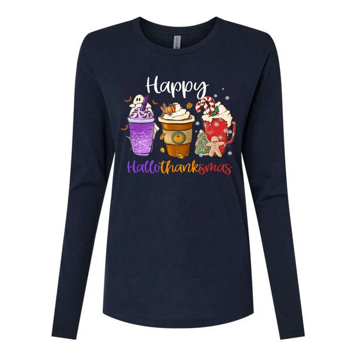 Happy Hallothanksmas Coffee Latte Halloween Thanksgiving Womens Cotton Relaxed Long Sleeve T-Shirt