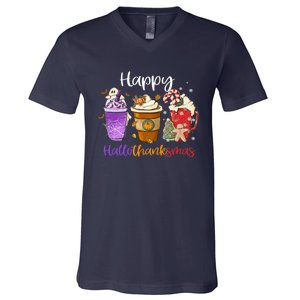 Happy Hallothanksmas Coffee Latte Halloween Thanksgiving V-Neck T-Shirt