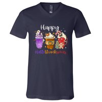 Happy Hallothanksmas Coffee Latte Halloween Thanksgiving V-Neck T-Shirt