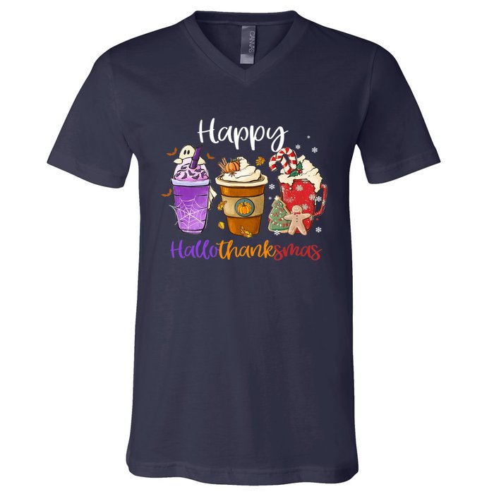 Happy Hallothanksmas Coffee Latte Halloween Thanksgiving V-Neck T-Shirt