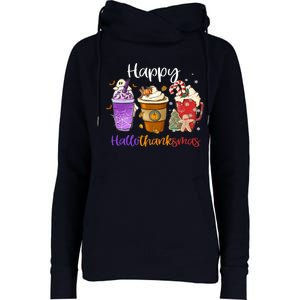 Happy Hallothanksmas Coffee Latte Halloween Thanksgiving Womens Funnel Neck Pullover Hood