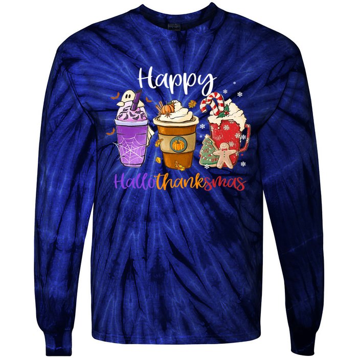 Happy Hallothanksmas Coffee Latte Halloween Thanksgiving Tie-Dye Long Sleeve Shirt