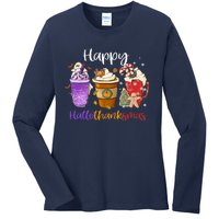 Happy Hallothanksmas Coffee Latte Halloween Thanksgiving Ladies Long Sleeve Shirt