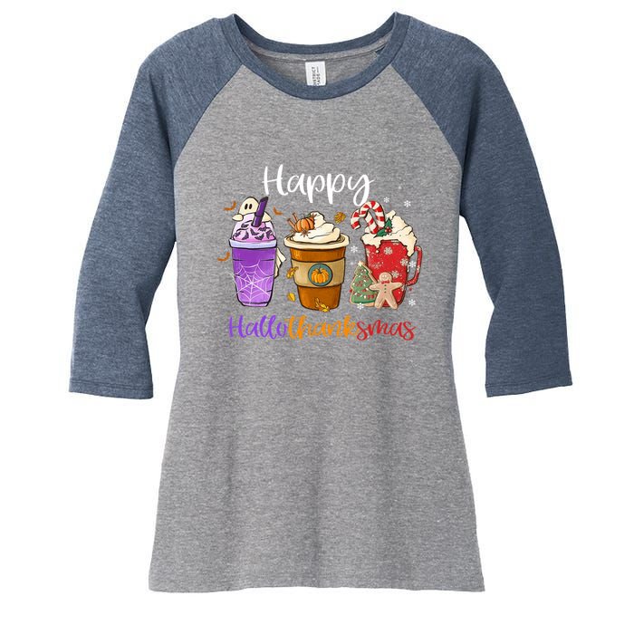 Happy Hallothanksmas Coffee Latte Halloween Thanksgiving Women's Tri-Blend 3/4-Sleeve Raglan Shirt