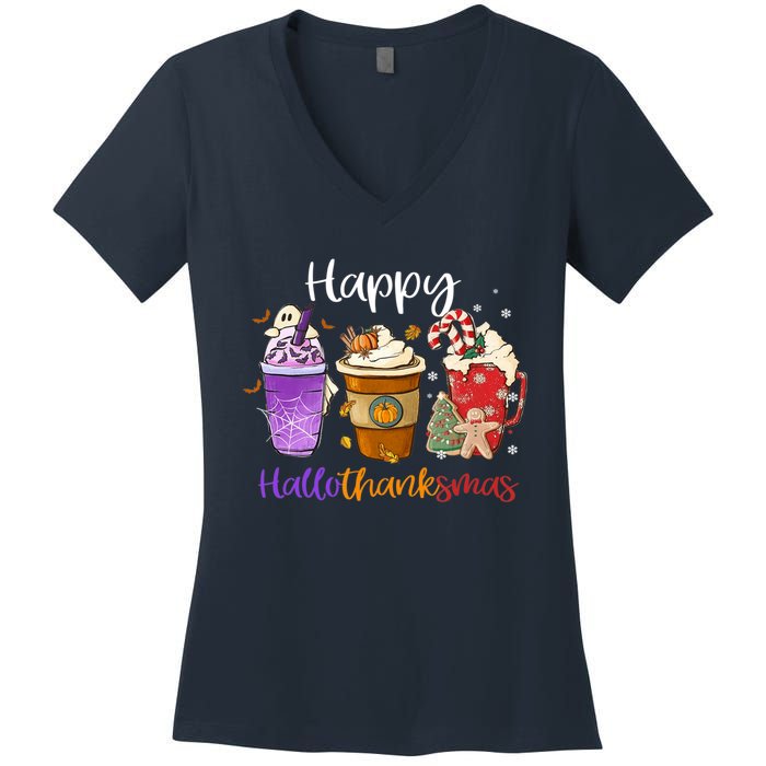 Happy Hallothanksmas Coffee Latte Halloween Thanksgiving Women's V-Neck T-Shirt