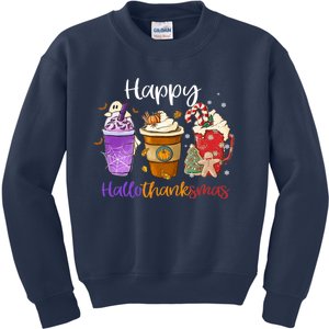 Happy Hallothanksmas Coffee Latte Halloween Thanksgiving Kids Sweatshirt