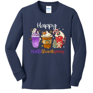 Happy Hallothanksmas Coffee Latte Halloween Thanksgiving Kids Long Sleeve Shirt