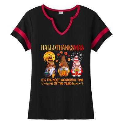 Happy Hallothanksmas Cute Gnomes Fall Halloween Ladies Halftime Notch Neck Tee