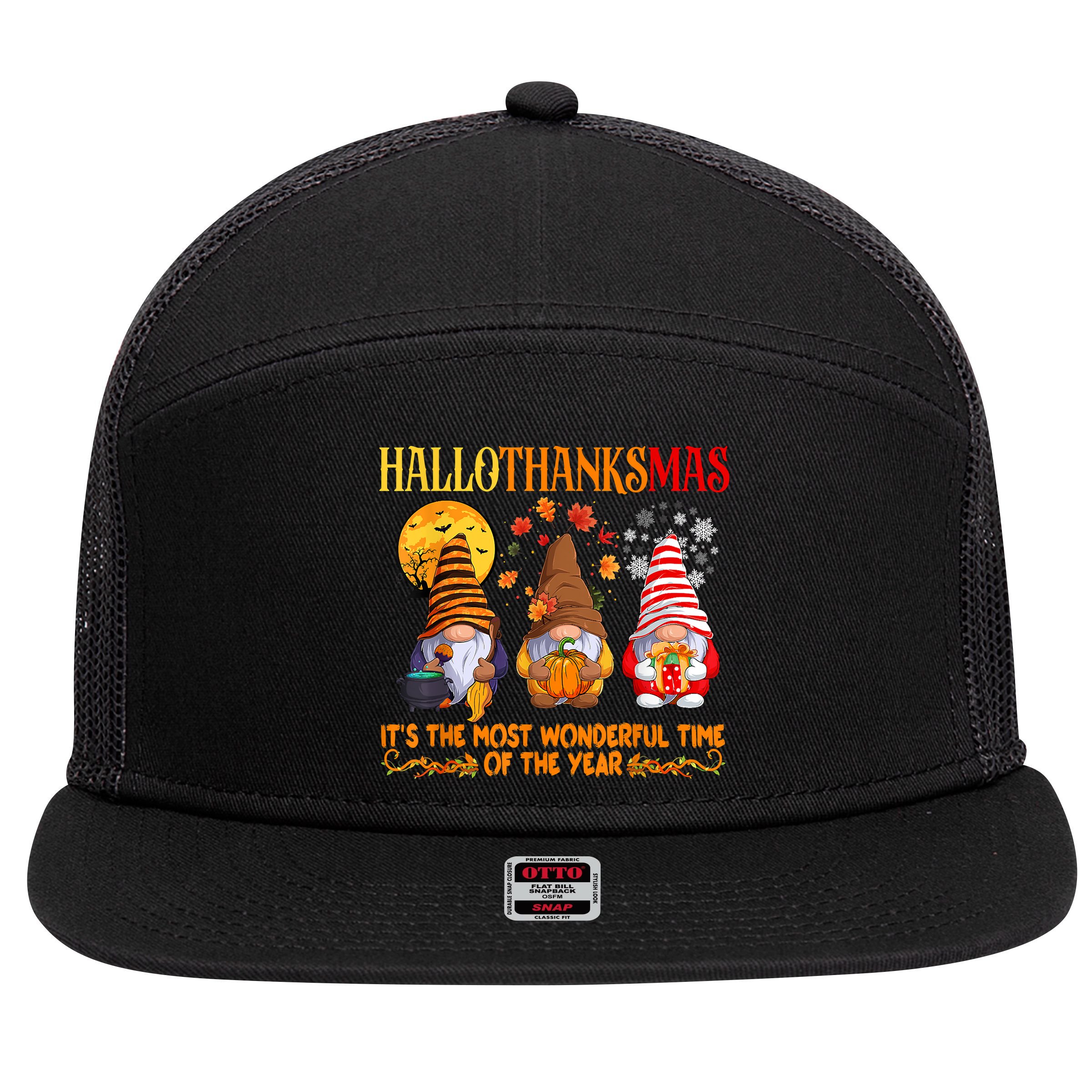 Happy Hallothanksmas Cute Gnomes Fall Halloween 7 Panel Mesh Trucker Snapback Hat