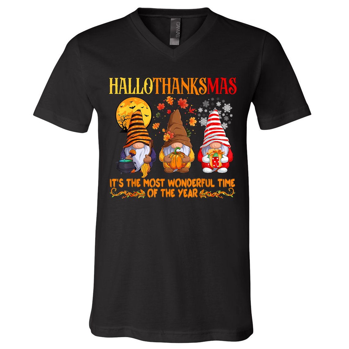 Happy Hallothanksmas Cute Gnomes Fall Halloween V-Neck T-Shirt