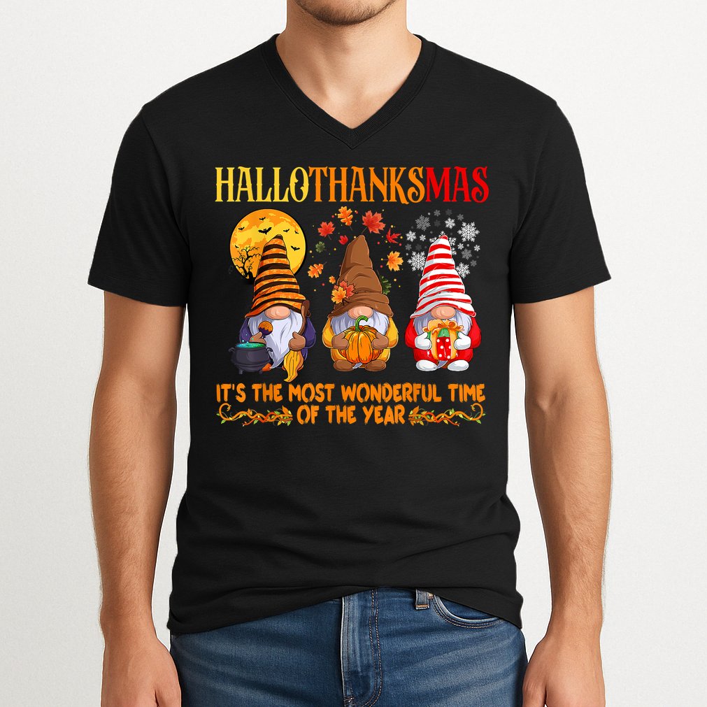 Happy Hallothanksmas Cute Gnomes Fall Halloween V-Neck T-Shirt