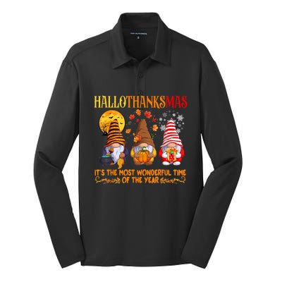 Happy Hallothanksmas Cute Gnomes Fall Halloween Silk Touch Performance Long Sleeve Polo