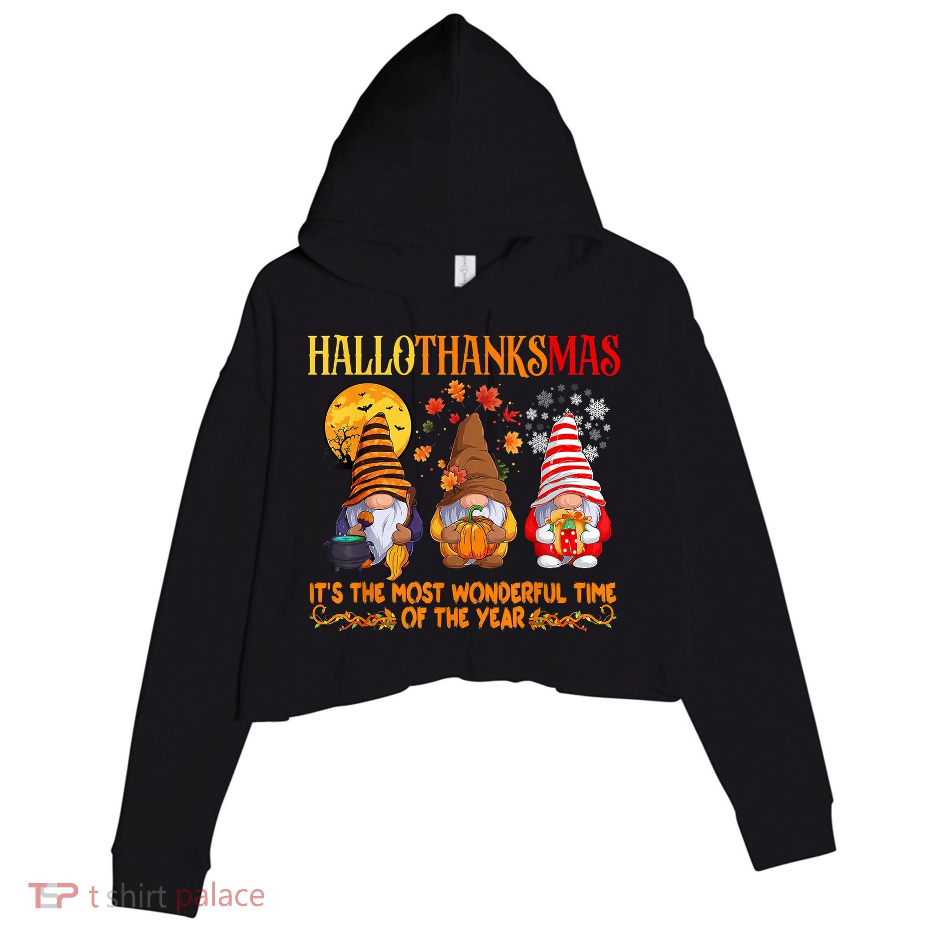 Happy Hallothanksmas Cute Gnomes Fall Halloween Crop Fleece Hoodie