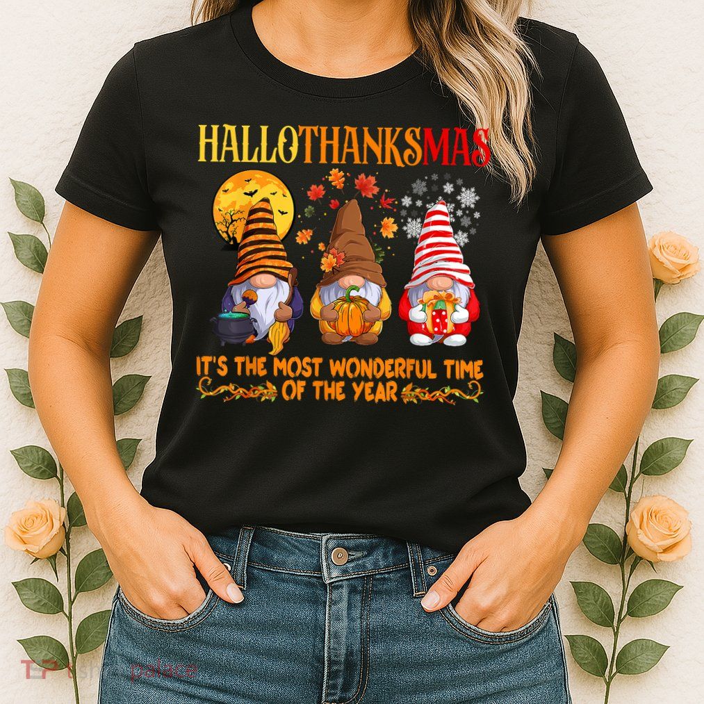 Happy Hallothanksmas Cute Gnomes Fall Halloween Womens T-Shirt