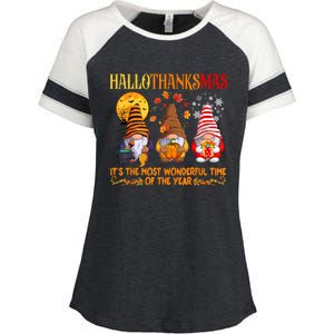 Happy Hallothanksmas Cute Gnomes Fall Halloween Enza Ladies Jersey Colorblock Tee